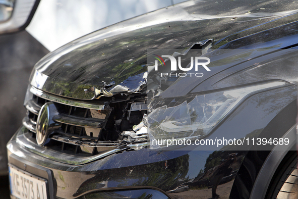 A car is being damaged by the Russian missile attack in Dnipro, Ukraine, on July 8, 2024. NO USE RUSSIA. NO USE BELARUS. 