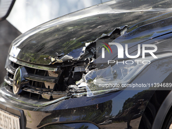 A car is being damaged by the Russian missile attack in Dnipro, Ukraine, on July 8, 2024. NO USE RUSSIA. NO USE BELARUS. (