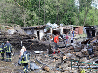 Garages in the Holosiivskyi district are being destroyed by the Russian missile attack in Kyiv, Ukraine, on July 8, 2024. NO USE RUSSIA. NO...