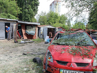 Garages in the Holosiivskyi district are being destroyed by the Russian missile attack in Kyiv, Ukraine, on July 8, 2024. NO USE RUSSIA. NO...