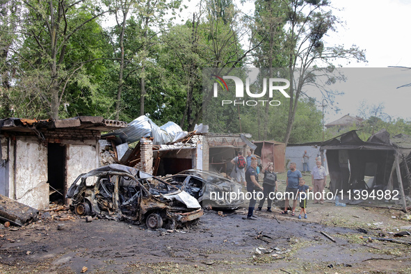 Garages in the Holosiivskyi district are being destroyed by the Russian missile attack in Kyiv, Ukraine, on July 8, 2024. NO USE RUSSIA. NO...