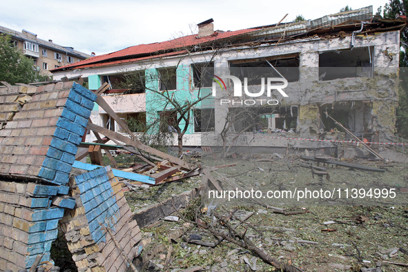 A kindergarten in the Holosiivskyi district is being destroyed by a Russian missile attack in Kyiv, Ukraine, on July 8, 2024. NO USE RUSSIA....