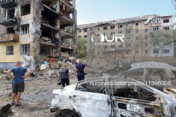 An apartment block in the Holosiivskyi district is being destroyed by a Russian missile attack in Kyiv, Ukraine, on July 8, 2024. NO USE RUS...