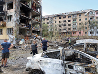 An apartment block in the Holosiivskyi district is being destroyed by a Russian missile attack in Kyiv, Ukraine, on July 8, 2024. NO USE RUS...