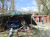 Garages in the Holosiivskyi district are being destroyed by the Russian missile attack in Kyiv, Ukraine, on July 8, 2024. NO USE RUSSIA. NO...