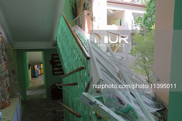 A kindergarten in the Holosiivskyi district is being destroyed by a Russian missile attack in Kyiv, Ukraine, on July 8, 2024. NO USE RUSSIA....