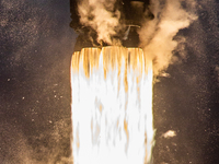 The details of the nine Merlin engines of a Falcon 9 rocket from SpaceX are being seen seconds after its launch from launch pad-40 at the Ca...