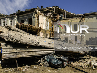 The complex of buildings of Ohmatdyt Children's Hospital is being strongly damaged during a Russian missile strike in Kyiv, Ukraine, on July...