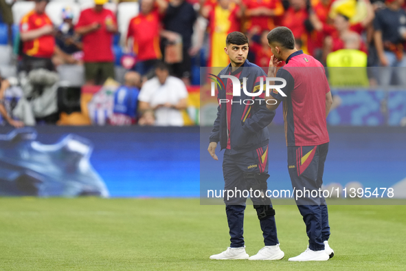 (L) Pedri central midfield of Spain and FC Barcelona and  (R) Ferran Torres left winger of Spain and FC Barcelona during the UEFA EURO 2024...