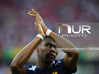 Aurelien Tchouameni defensive midfield of France and Real Madrid during the warm-up before the UEFA EURO 2024 semi-final match between Spain...