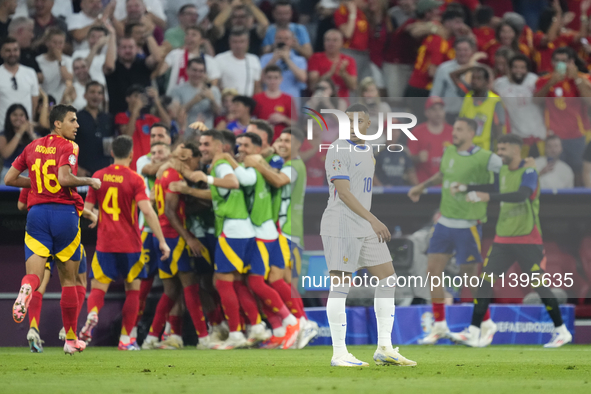 Kylian Mbappe centre-forward of France and Real Madrid after Sapin first goal during the UEFA EURO 2024 semi-final match between Spain v Fra...