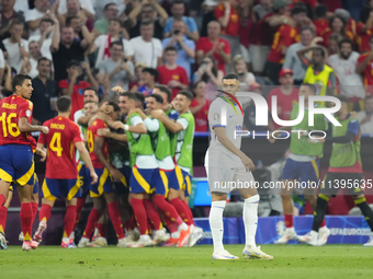 Kylian Mbappe centre-forward of France and Real Madrid after Sapin first goal during the UEFA EURO 2024 semi-final match between Spain v Fra...