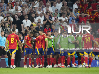 Lamine Yamal right winger of Spain and FC Barcelona celebrates after scoring his sides first goal during the UEFA EURO 2024 semi-final match...