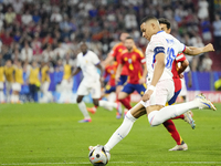 Kylian Mbappe centre-forward of France and Real Madrid shooting to goal during the UEFA EURO 2024 semi-final match between Spain v France at...