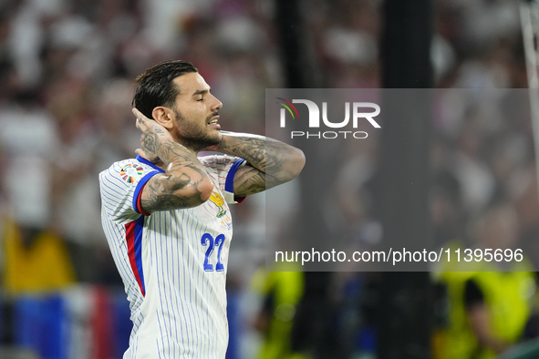 Theo Hernandez eft-back of France and AC Milanlament a failed occasion during the UEFA EURO 2024 semi-final match between Spain v France at...