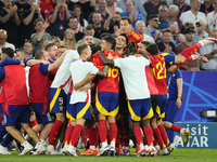 Spanish players celebrate victory after the UEFA EURO 2024 semi-final match between Spain v France at Munich Football Arena on July 9, 2024...