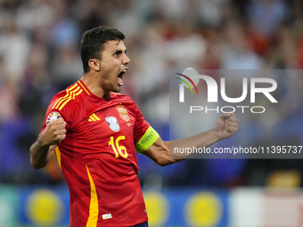 Rodrigo Hernandez defensive midfield of Spain and Manchester City celebrates victory after the UEFA EURO 2024 semi-final match between Spain...