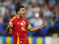 Rodrigo Hernandez defensive midfield of Spain and Manchester City celebrates victory after the UEFA EURO 2024 semi-final match between Spain...