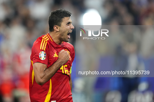 Rodrigo Hernandez defensive midfield of Spain and Manchester City celebrates victory after the UEFA EURO 2024 semi-final match between Spain...