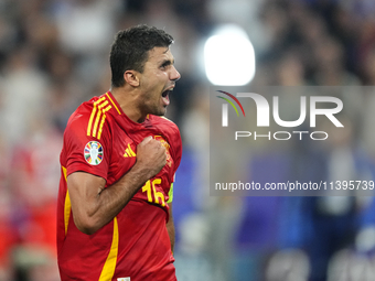 Rodrigo Hernandez defensive midfield of Spain and Manchester City celebrates victory after the UEFA EURO 2024 semi-final match between Spain...