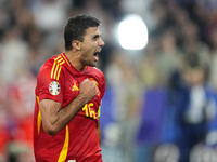 Rodrigo Hernandez defensive midfield of Spain and Manchester City celebrates victory after the UEFA EURO 2024 semi-final match between Spain...