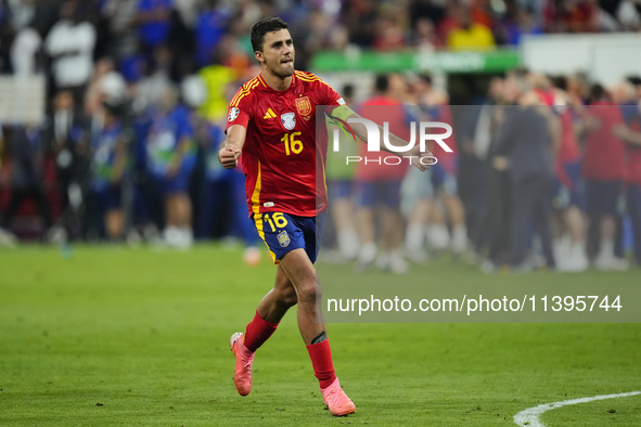 Rodrigo Hernandez defensive midfield of Spain and Manchester City celebrates victory after the UEFA EURO 2024 semi-final match between Spain...