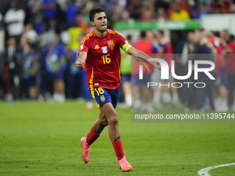 Rodrigo Hernandez defensive midfield of Spain and Manchester City celebrates victory after the UEFA EURO 2024 semi-final match between Spain...