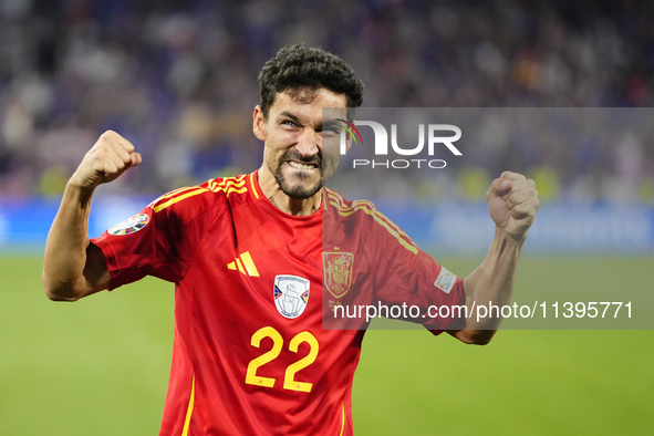 Jesus Navas right-back of Spain and Sevilla FC celebrates victory after the UEFA EURO 2024 semi-final match between Spain v France at Munich...