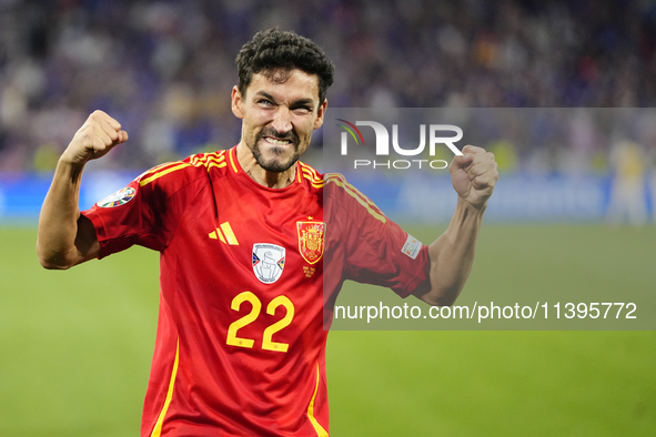 Jesus Navas right-back of Spain and Sevilla FC celebrates victory after the UEFA EURO 2024 semi-final match between Spain v France at Munich...