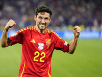 Jesus Navas right-back of Spain and Sevilla FC celebrates victory after the UEFA EURO 2024 semi-final match between Spain v France at Munich...