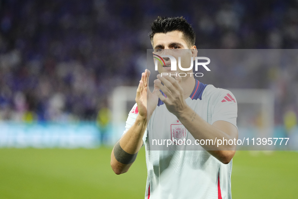 Alvaro Morata centre-forward of Spain and Atletico de Madrid celebrates victory after the UEFA EURO 2024 semi-final match between Spain v Fr...