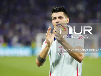 Alvaro Morata centre-forward of Spain and Atletico de Madrid celebrates victory after the UEFA EURO 2024 semi-final match between Spain v Fr...