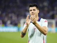 Alvaro Morata centre-forward of Spain and Atletico de Madrid celebrates victory after the UEFA EURO 2024 semi-final match between Spain v Fr...