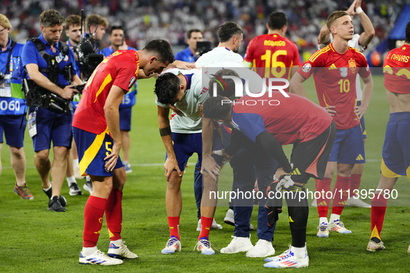 Alvaro Morata centre-forward of Spain and Atletico de Madrid injured after the UEFA EURO 2024 semi-final match between Spain v France at Mun...