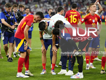 Alvaro Morata centre-forward of Spain and Atletico de Madrid injured after the UEFA EURO 2024 semi-final match between Spain v France at Mun...