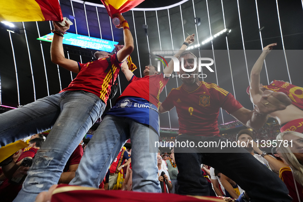 Spanish supporters celebrate victory after the UEFA EURO 2024 semi-final match between Spain v France at Munich Football Arena on July 9, 20...