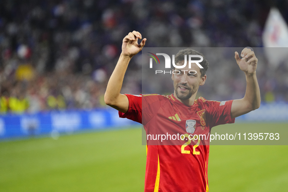 Jesus Navas right-back of Spain and Sevilla FC celebrates victory after during the UEFA EURO 2024 semi-final match between Spain v France at...