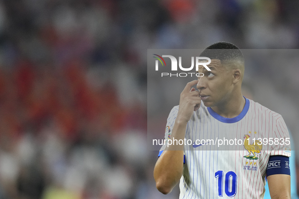 Kylian Mbappe centre-forward of France and Real Madrid reacts during the UEFA EURO 2024 semi-final match between Spain v France at Munich Fo...