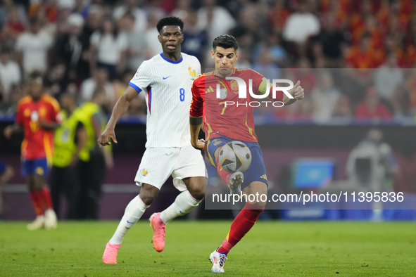 Alvaro Morata centre-forward of Spain and Atletico de Madrid controls the ball during the UEFA EURO 2024 semi-final match between Spain v Fr...