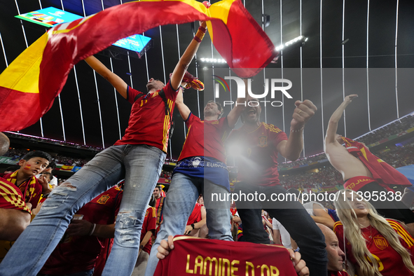 Spanish supporters celebrate victory after the UEFA EURO 2024 semi-final match between Spain v France at Munich Football Arena on July 9, 20...