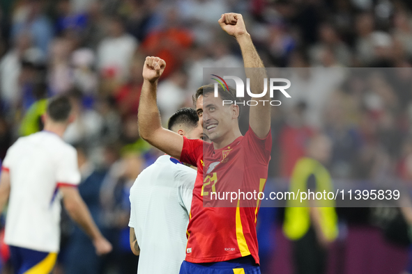 Mikel Oyarzabal centre-forward of Spain and Real Sociedad celebrates victory after the UEFA EURO 2024 semi-final match between Spain v Franc...