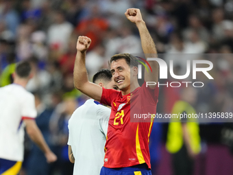 Mikel Oyarzabal centre-forward of Spain and Real Sociedad celebrates victory after the UEFA EURO 2024 semi-final match between Spain v Franc...