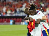 Nico Williams left winger of Spain and Athletic Club Bilbao celebrates victory after the UEFA EURO 2024 semi-final match between Spain v Fra...