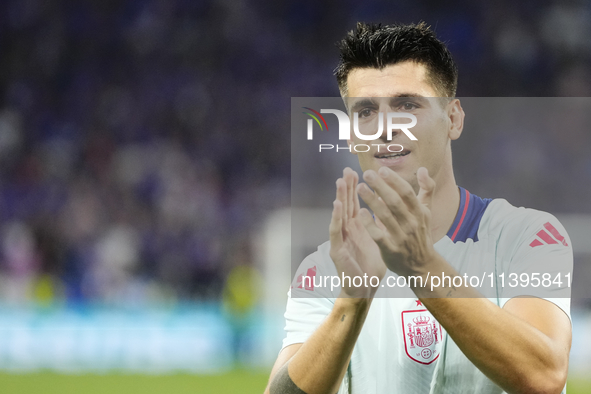 Alvaro Morata centre-forward of Spain and Atletico de Madrid celebrates victory after the UEFA EURO 2024 semi-final match between Spain v Fr...