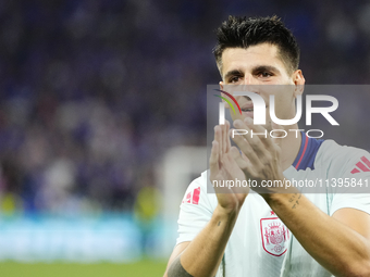 Alvaro Morata centre-forward of Spain and Atletico de Madrid celebrates victory after the UEFA EURO 2024 semi-final match between Spain v Fr...