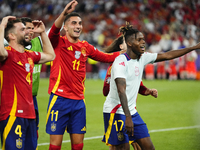 Ferran Torres left winger of Spain and FC Barcelona and Nico Williams left winger of Spain and Athletic Club Bilbao celebrate victory after...