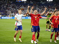 Dani Vivian centre-back of Spain and Athletic Club Bilbao celebrates victory after the UEFA EURO 2024 semi-final match between Spain v Franc...