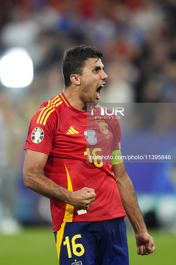 Rodrigo Hernandez defensive midfield of Spain and Manchester City celebrates victory after the UEFA EURO 2024 semi-final match between Spain...