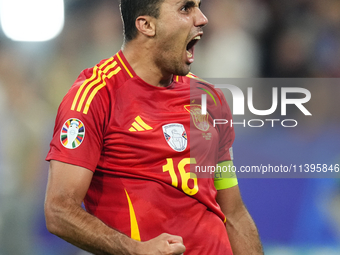 Rodrigo Hernandez defensive midfield of Spain and Manchester City celebrates victory after the UEFA EURO 2024 semi-final match between Spain...