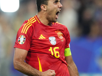 Rodrigo Hernandez defensive midfield of Spain and Manchester City celebrates victory after the UEFA EURO 2024 semi-final match between Spain...